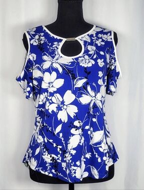 Adrienne Vittadini Floral Top Women Small Blue White Keyhole Cold Shoulder Blous